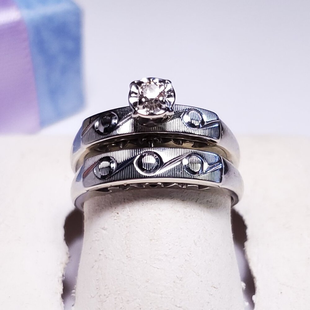 Estate .06ct Natural Diamond Fancy Etched 14Kt W/Gold Engagement Bridal Set21077